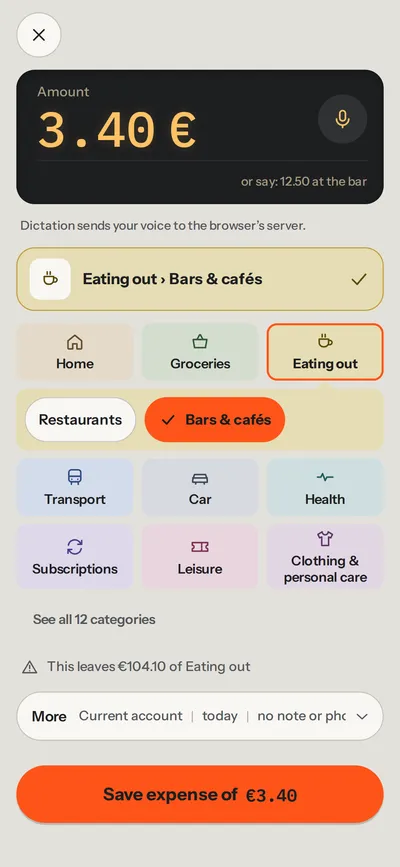 Logging a €3.40 expense under Eating out › Bars & cafés, with the colour-coded category grid and a note of what is left of the Eating out limit