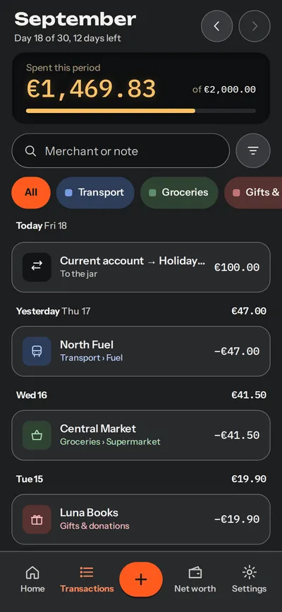 September transactions in dark theme: €1,469.83 spent of €2,000.00, search, category filters and the list grouped by day