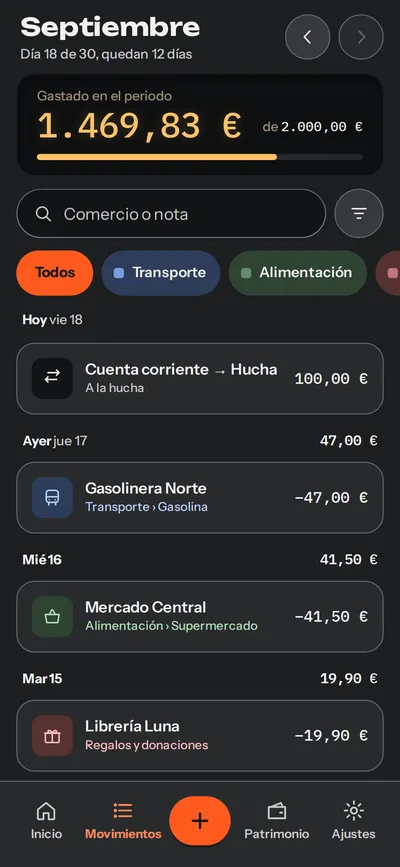 Movimientos de septiembre en tema oscuro: 1.469,83 € gastados de 2.000,00 €, buscador, filtros por categoría y la lista agrupada por día