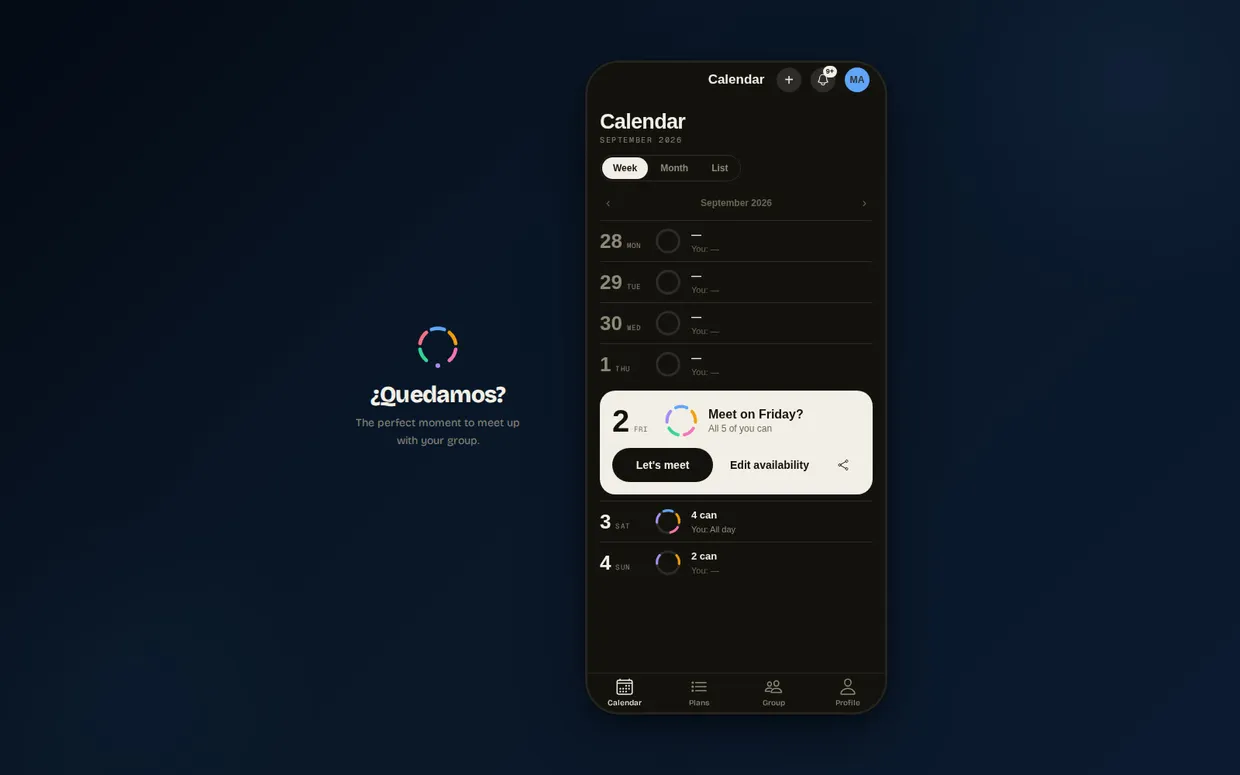Main screen of Quedamos