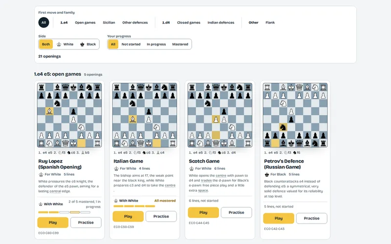 The opening catalogue: the filters by first move, family, side and progress, and the row “1.e4 e5: open games” with four openings, each with its mini board, its progress and the “Play” and “Practise” buttons.