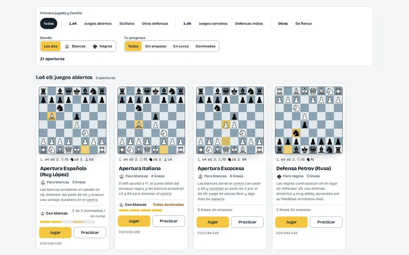 El catálogo de aperturas: los filtros por primera jugada, familia, bando y progreso, y la fila «1.e4 e5: juegos abiertos» con cuatro aperturas, cada una con su minitablero, su progreso y los botones «Jugar» y «Practicar».