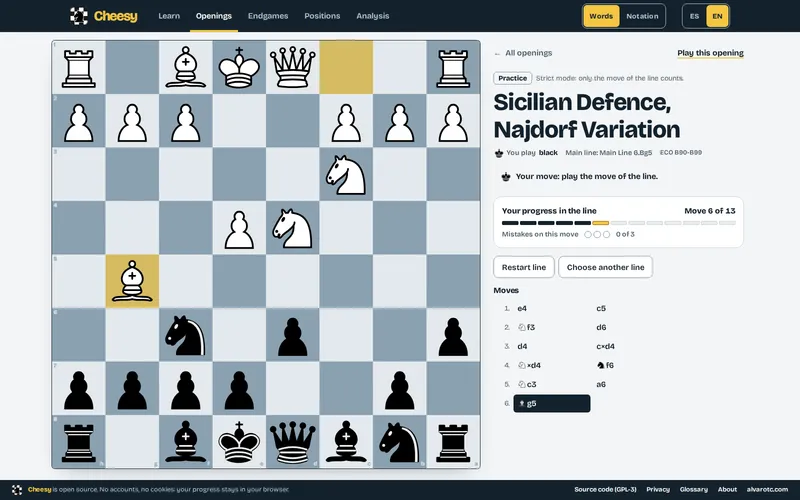 Practice of the main line of the Sicilian Najdorf as Black: the board seen from Black’s side after White’s sixth move, the progress “Move 6 of 13”, the count of mistakes on this move at 0 of 3 and the move list.