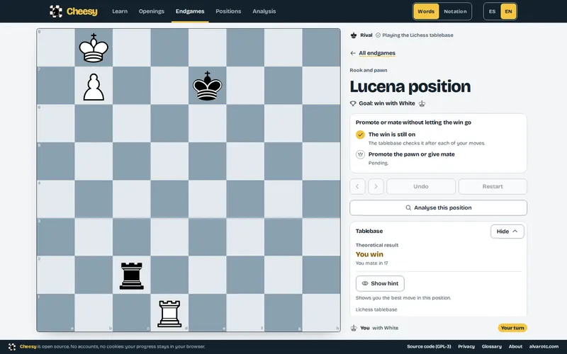The Lucena position, to win with White: the board, the goal checklist with “The win is still on” and the tablebase panel open, with the theoretical result “You win”, “You mate in 17” and the “Show hint” button.