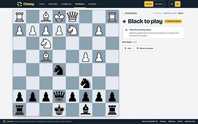 An unsolved tactical exercise: the board, the note “Black to play · 1 move of yours”, the instruction “Find the winning move” and the “Hint” and “Show solution” buttons.