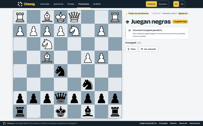 Un ejercicio táctico sin resolver: el tablero, la indicación «Juegan negras · 1 jugada tuya», la instrucción «Encuentra la jugada ganadora» y los botones «Pista» y «Ver solución».