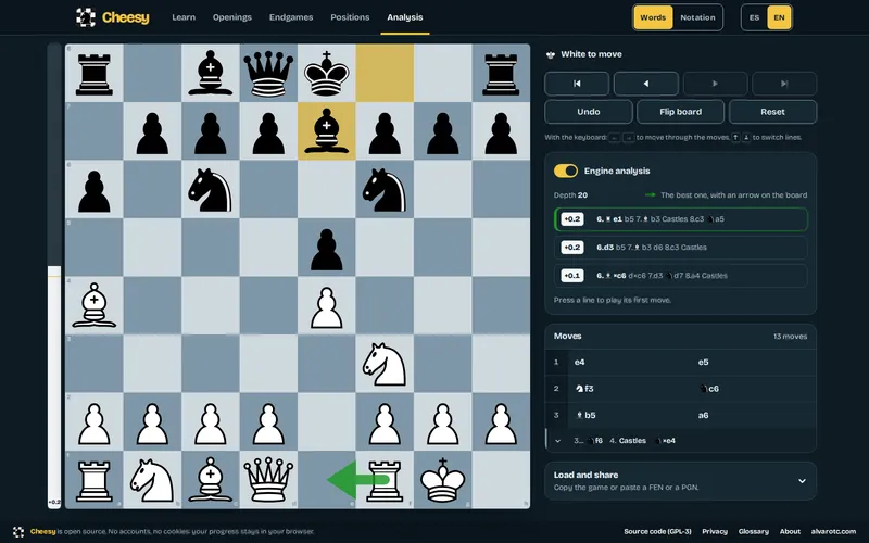 The analysis board in the dark theme with a Ruy Lopez game: the engine on at depth 20, the evaluation bar, the three best lines, a green arrow on the best move and the move list with a folded variation.