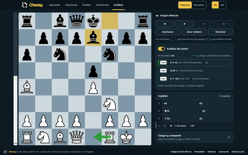 El tablero de análisis en el tema oscuro con una partida de la Apertura Española: el motor encendido a profundidad 20, la barra de evaluación, las tres mejores líneas, una flecha verde con la mejor jugada y la lista de jugadas con una variación plegada.