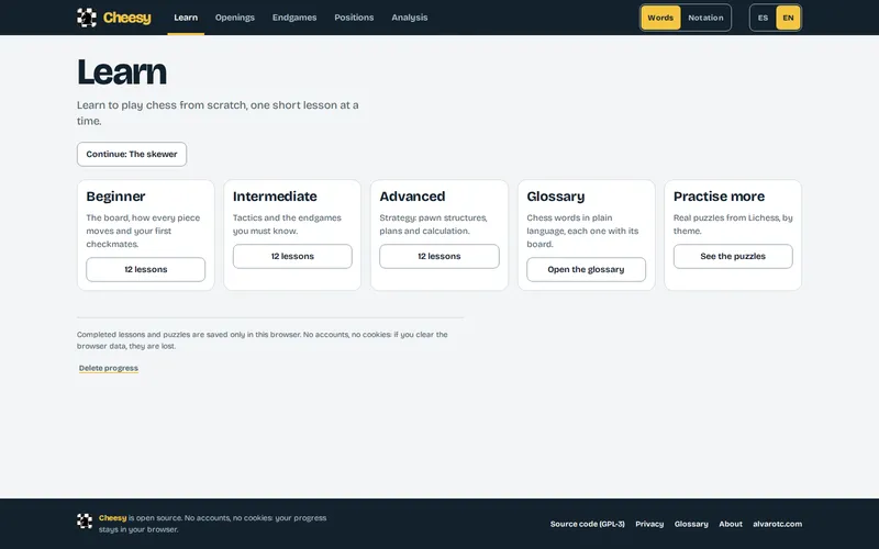 The Learn page: the “Continue: The skewer” button and five cards, the Beginner, Intermediate and Advanced levels with their number of lessons, the Glossary and Practise more, and below the note that progress is kept only in the browser.