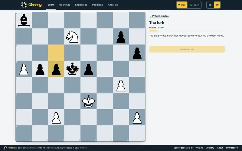 An unsolved puzzle of The fork: the board, the progress “Puzzle 1 of 10”, the prompt “You play White. Black just moved: pawn to c5. Find the best move.” and the “Next puzzle” button disabled.