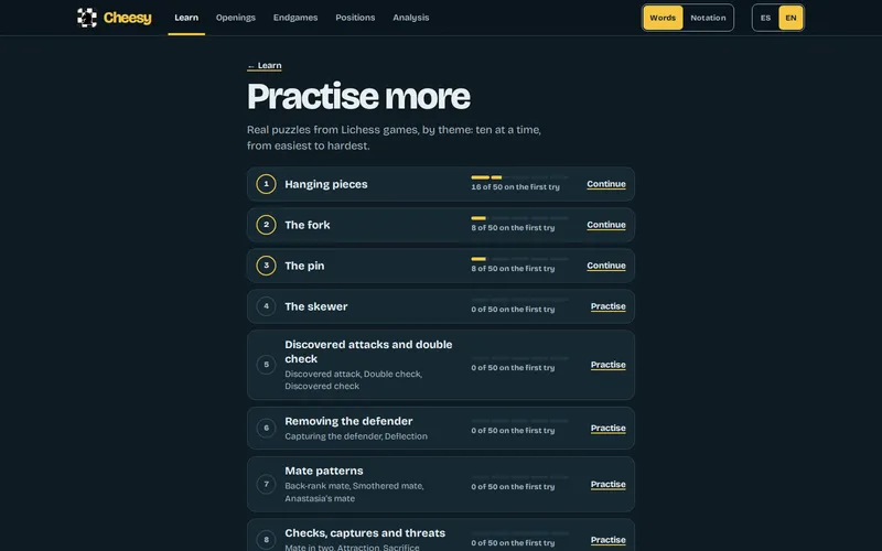 The Practise more list in the dark theme: real Lichess puzzles grouped by lesson, with three lessons started, “16 of 50 on the first try” in Hanging pieces and 8 of 50 in The fork and The pin, and the rest still to start.