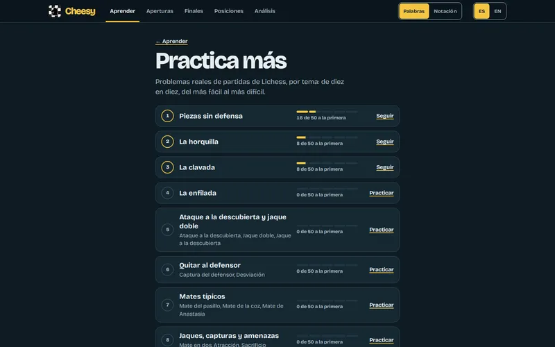 La lista de Practica más en el tema oscuro: problemas reales de Lichess agrupados por lección, con tres lecciones empezadas, «16 de 50 a la primera» en Piezas sin defensa y 8 de 50 en La horquilla y en La clavada, y el resto por empezar.