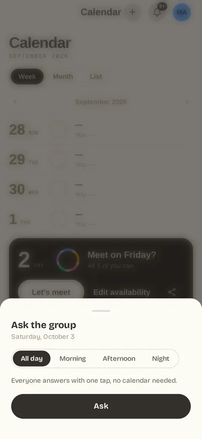 Sheet for asking the group about a day and a time slot