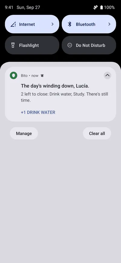 Notification shade with a Bito reminder and its button to log without opening the app