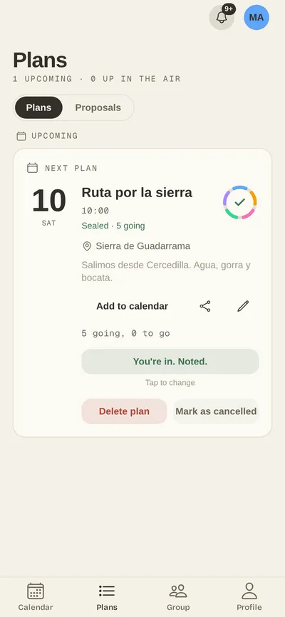 Plans list with the next plan set and who's going