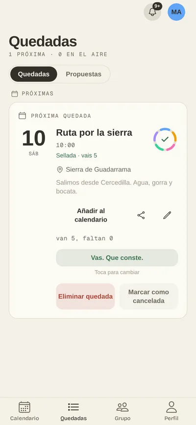 Lista de quedadas con la próxima ya fijada y sus asistentes