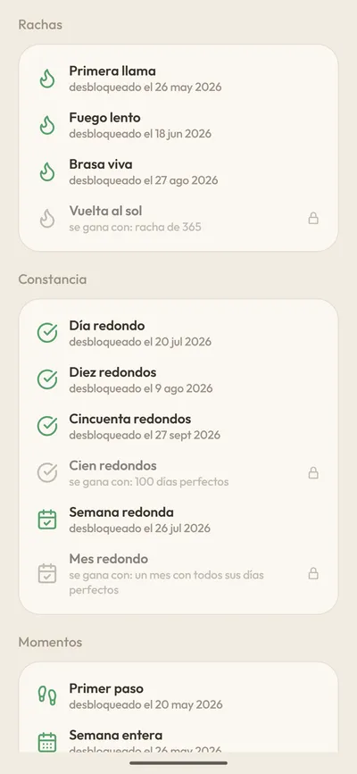 Pantalla de logros con los ganados, entre ellos la Semana redonda