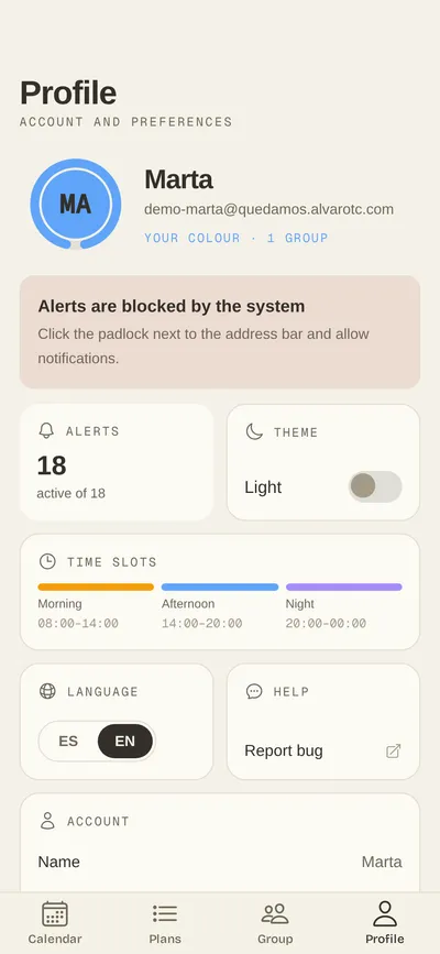 Profile with language, theme and notifications