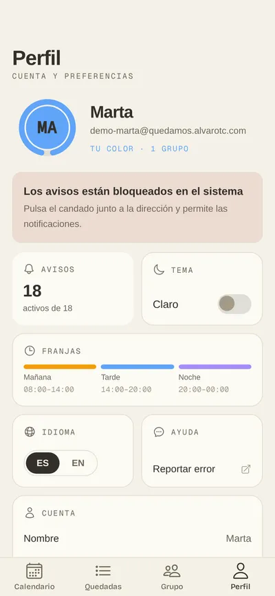 Perfil con idioma, tema y notificaciones