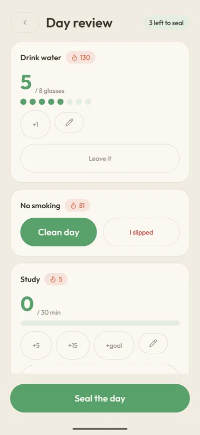Day review with the pending habits and the Seal the day button