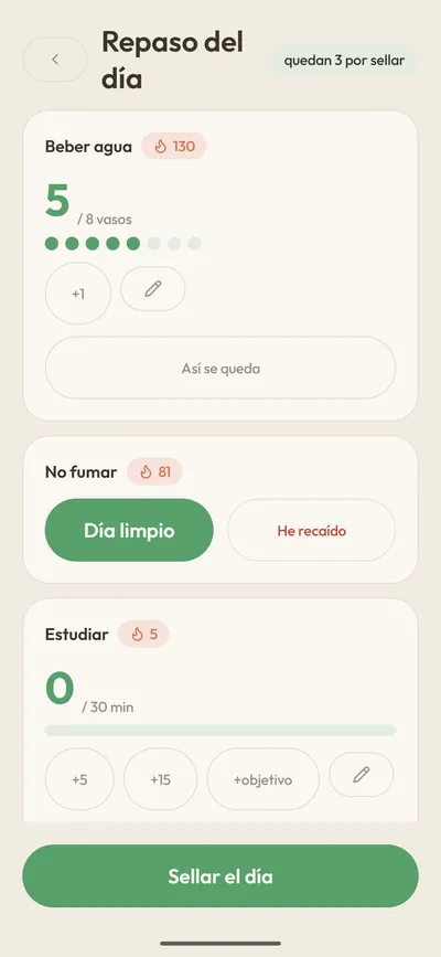 Repaso del día con los hábitos pendientes y el botón Sellar el día