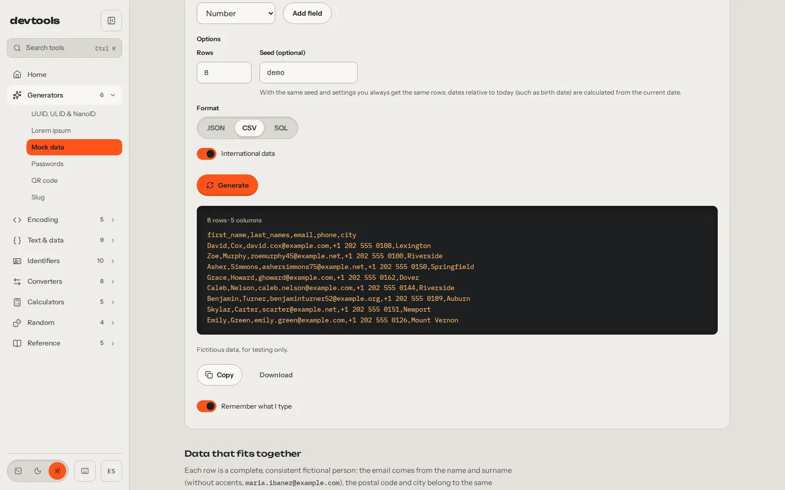 The mock data generator with the seed “demo”, CSV format and international data switched on, showing eight rows with first name, last names, email, phone and city.
