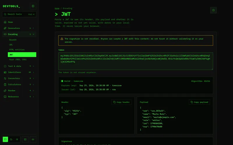 A demo JWT decoded: valid until tomorrow, with header and payload.