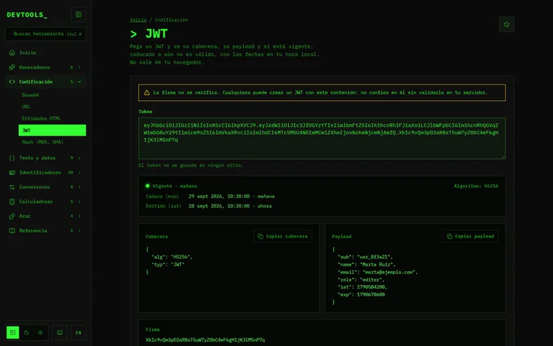 Un JWT de demo decodificado: vigente hasta mañana, con cabecera y payload.