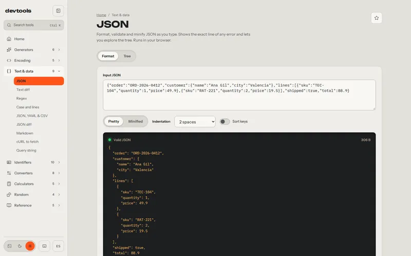 A minified order JSON, formatted and validated.