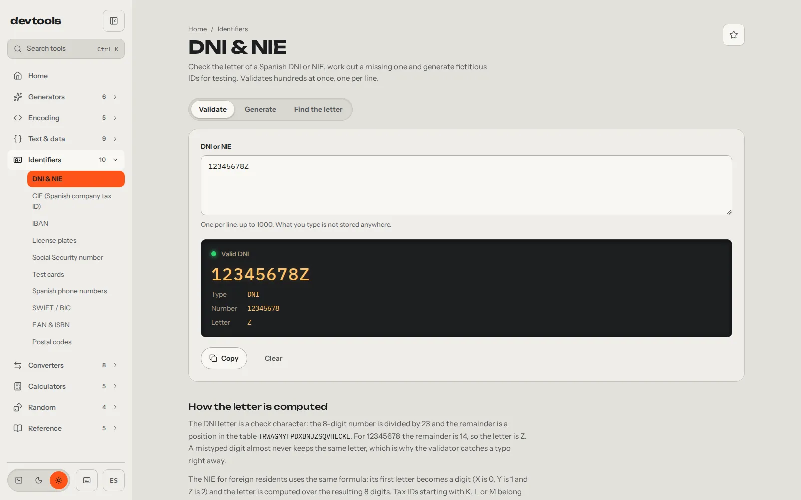 The DNI and NIE validator accepting 12345678Z as a valid DNI, with the type, number and letter broken down.