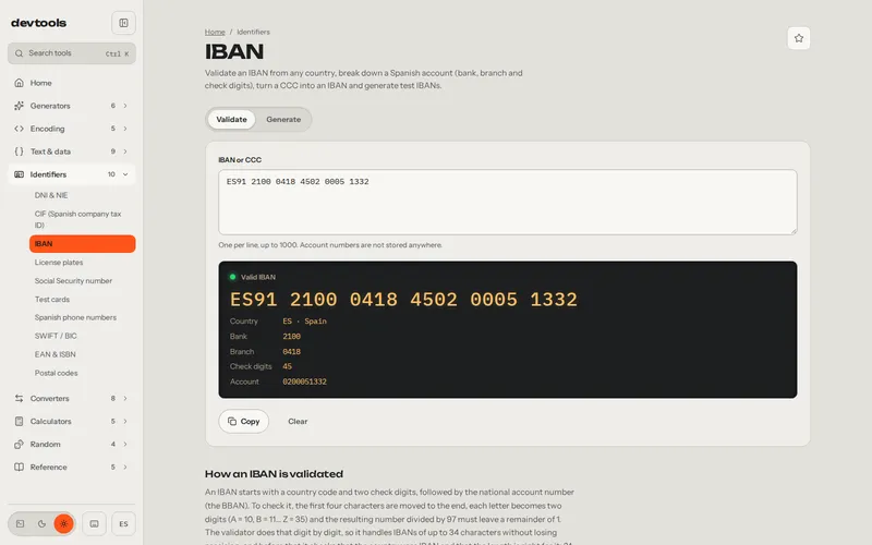 A sample Spanish IBAN broken into bank, branch, check digits and account.
