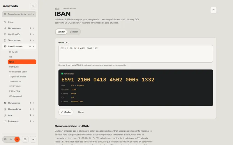 Un IBAN español de ejemplo desglosado en entidad, oficina, control y cuenta.