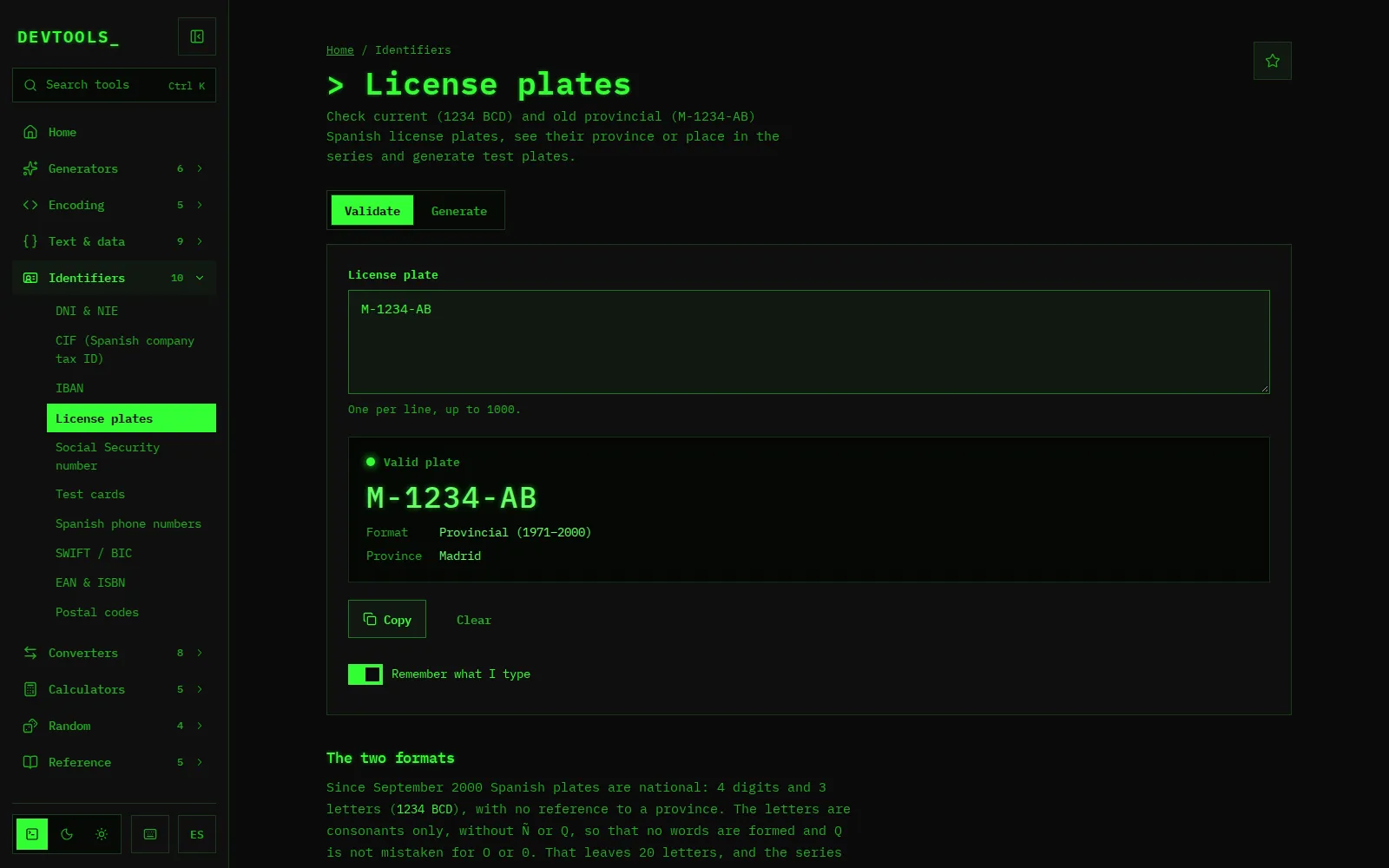 The license plate validator in the terminal theme: a heading with “>” in front, M-1234-AB in large type as the result, and the Format and Province labels in a dimmer green than their values.