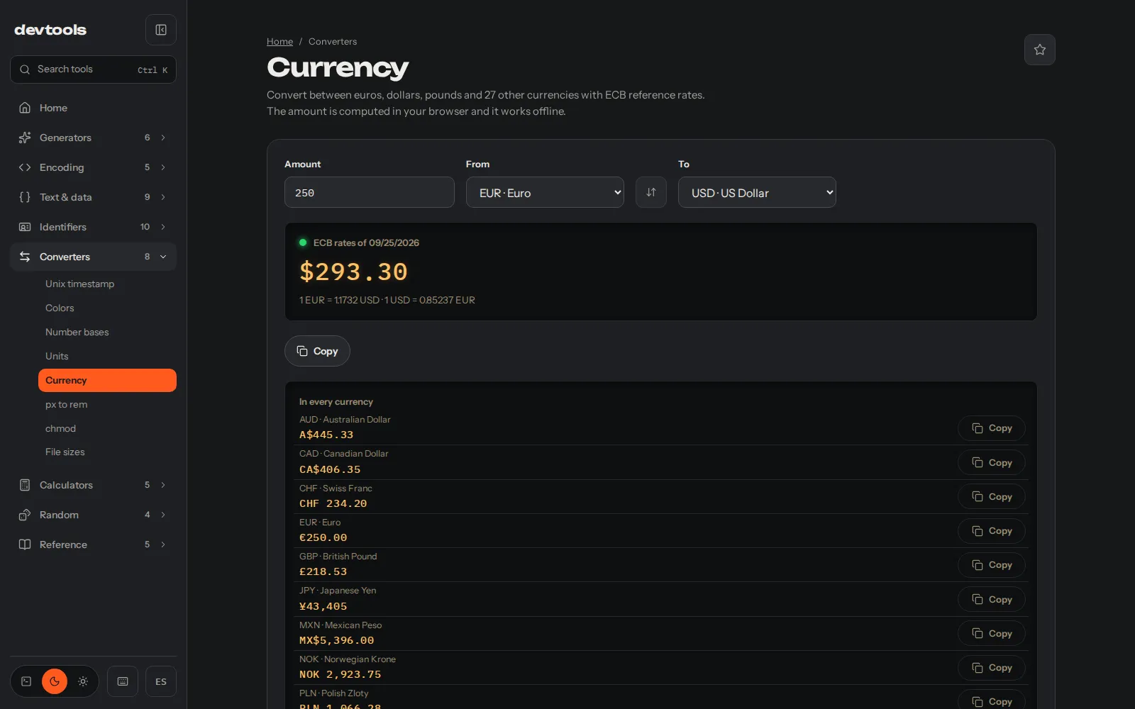 The currency converter turning 250 euros into 293.30 dollars with ECB rates from 09/25/2026, and below it the same amount in the other currencies.