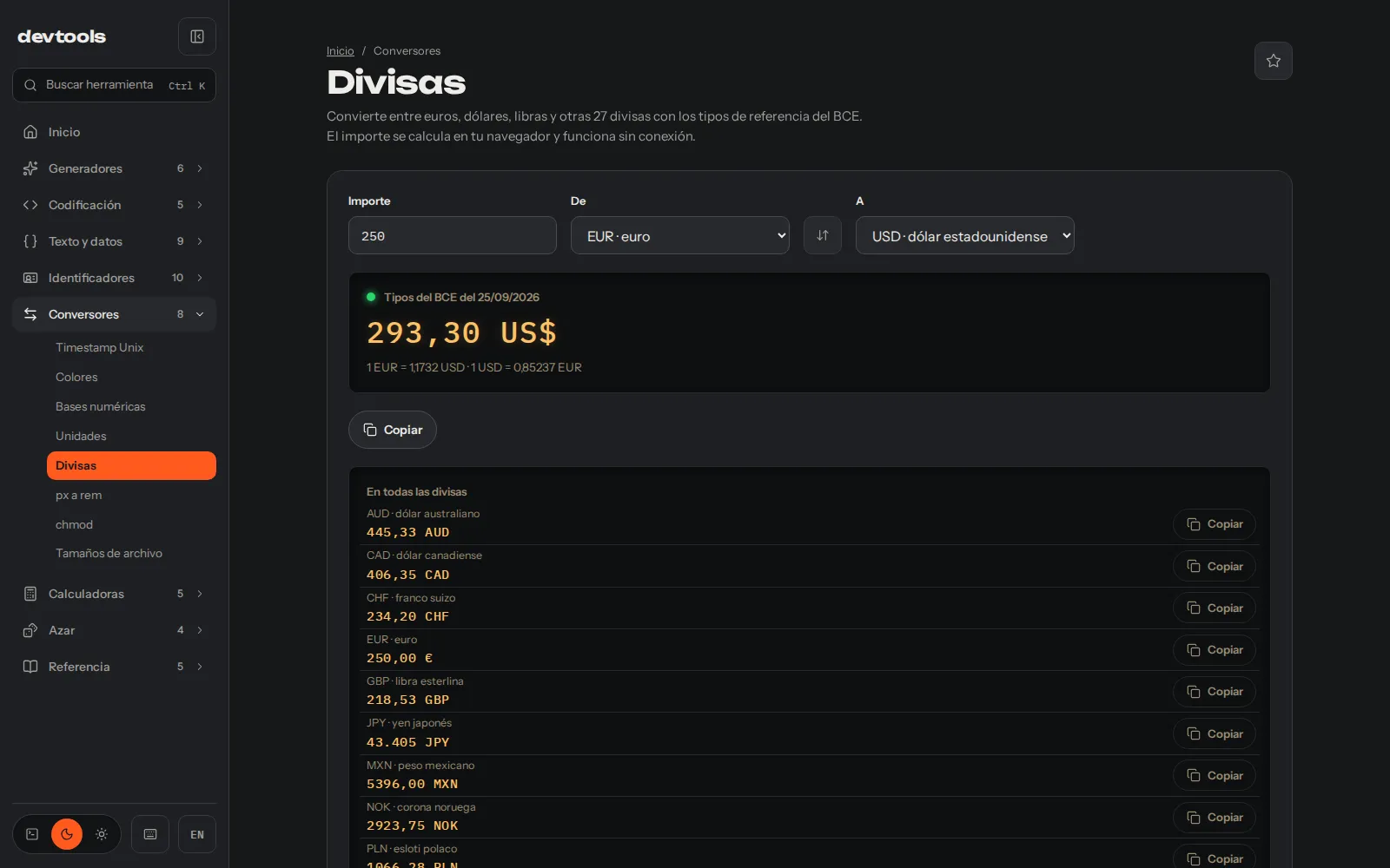 El conversor de divisas pasando 250 euros a 293,30 dólares con los tipos del BCE del 25/09/2026, y debajo el mismo importe en el resto de divisas.