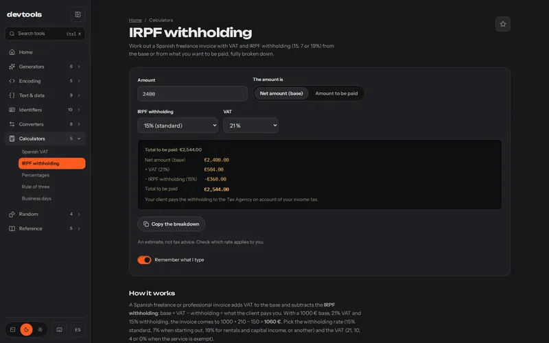 A €2,400 invoice with 21% VAT and 15% withholding, broken down.