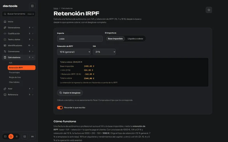 Factura de 2400 € con IVA del 21 % y retención del 15 %, desglosada.